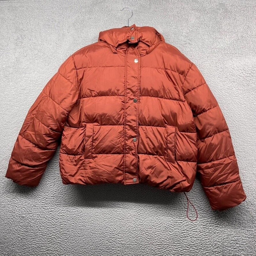 Sebby Womens Puffer Jacket Orange Long Sleeve Full Zip Hooded Pockets Size L